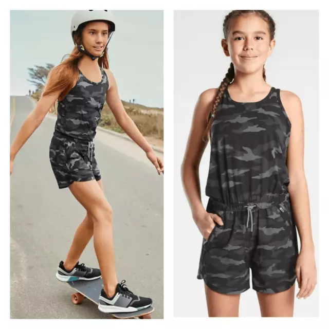 Athleta Girls Camouflage Sleeveless On The Go Shorts Romper Black Gray Medium