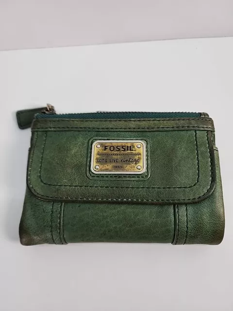 FOSSIL Long Live Vintage 1954 Trifold Top Zip Wallet Green Lamb Hide Leather