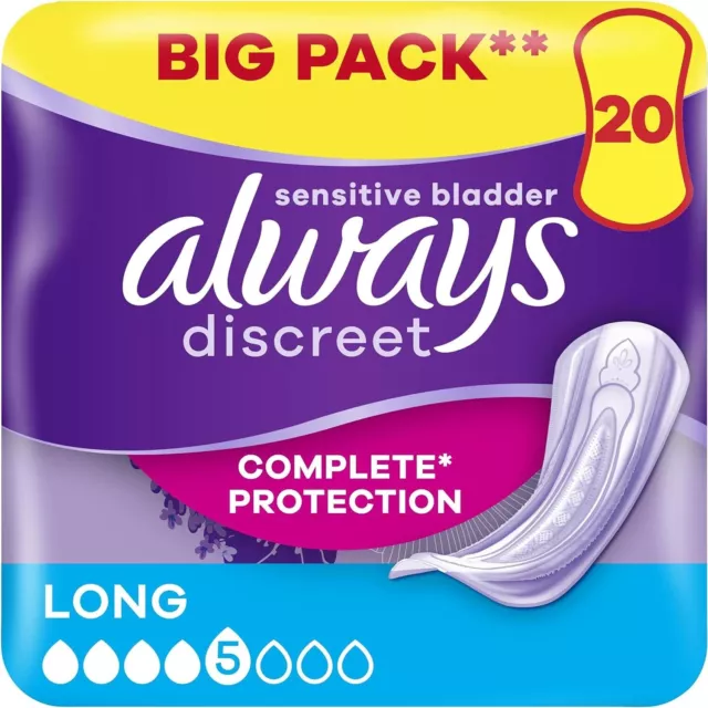 Always Discreet Inkontinenz-Pads Damen, lang, 40 Hochsaugfähigkeit Pads 20 x 2 2