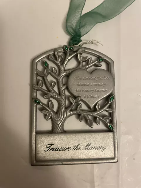 Gloria Duchin Pewter"Treasure the Memory" Tree Ornament w/ Green Glitter Ribbon