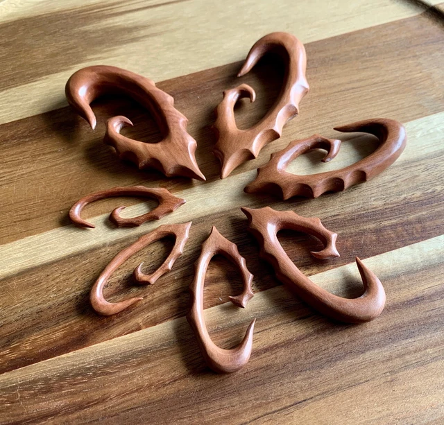 PAIR Unique Saba Wood Hangers Plugs Gauges Tunnel Spiral Taper Organic Earrings
