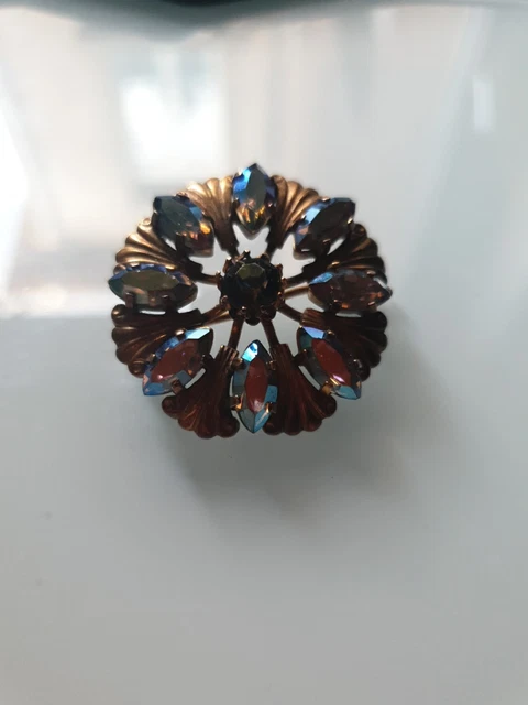Broche Vintage Ronde En Or Avec émail Cloisonné Rose Et Noir - Bijou Fantaisie Femme Ancien