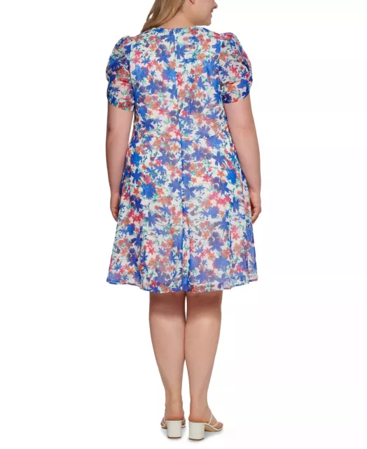 CALVIN KLEIN A-Line Dress Plus Size 20W Blue Floral Printed Puff Sleeve NWT $109 3