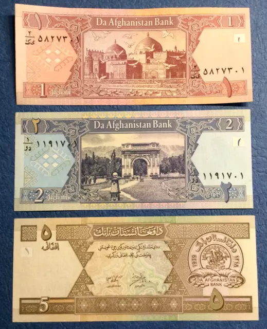 Afghanistan,Set Of 3 Bank Notes, 1,2 & 5 Afghani,P-64,P65,P66,Free S/H From Usa"