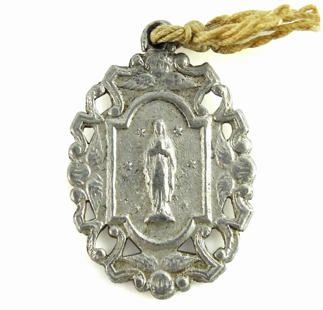 OUR LADY OF Lourdes Medal Antique Art Nouveau Cherubs Pendant Aluminum ...