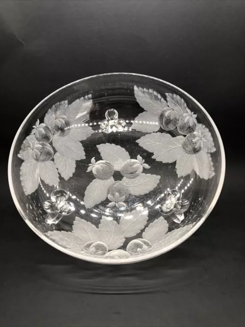 Antique Hawkes Etched Glass Strawberry Fruit Footed Serving Centerpiece Bowl