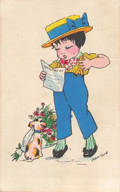 Cp Illustree Enfant Chapeau Ruban Chanteur - Chien Et Fleurs - 38760