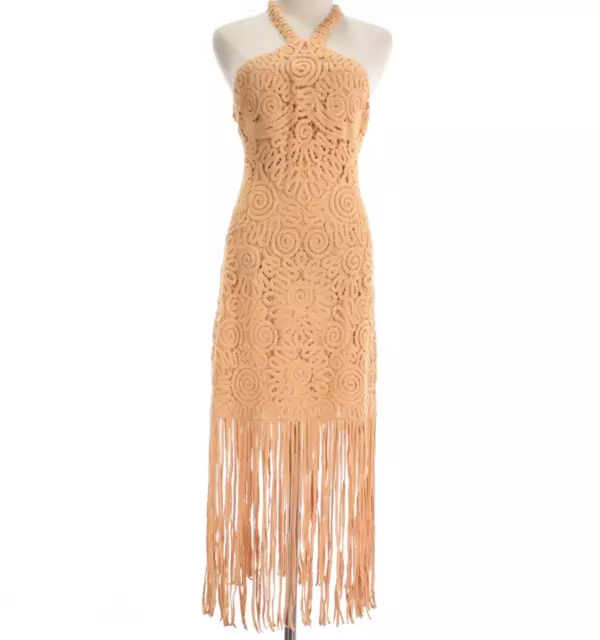 Jonathan Simkhai NWT Alisa Fringe Halter Dress Size 6 in Rattan/Tan 100% Cotton