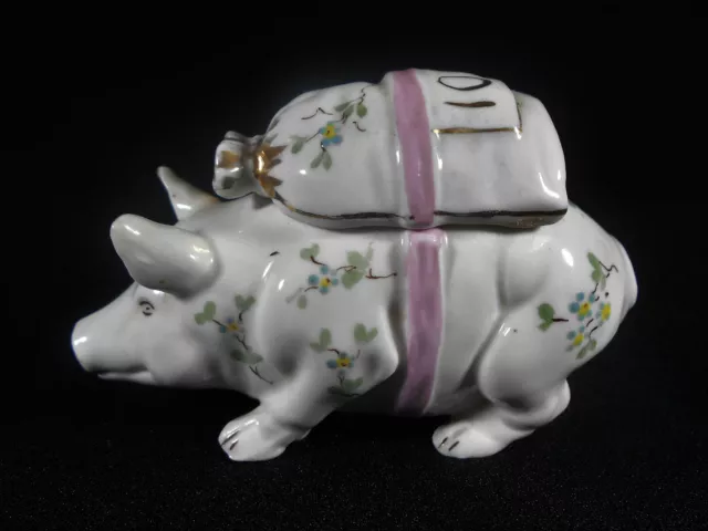 Sublime Moutardier " Cochon Portant Un Sac D' Argent " En Porcelaine 2