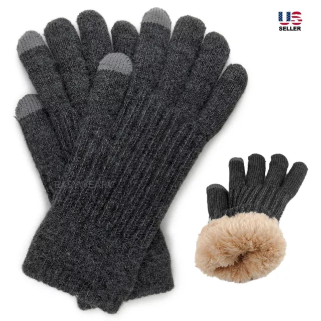 Mens Womens Winter Knit Wool Ribbed Gloves Sherpa Fur Lined Touch Screen Heavy