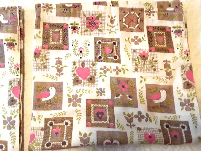 2 Vtg Mid Century Barkcloth Curtain Panels Faded Tan Pink Birds Flower 31x59 MCM