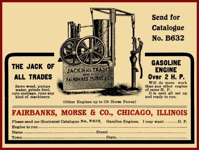 1905 Fairbanks Morse NEW Metal Sign: Jack of All Trades Gas Engine - Chicago