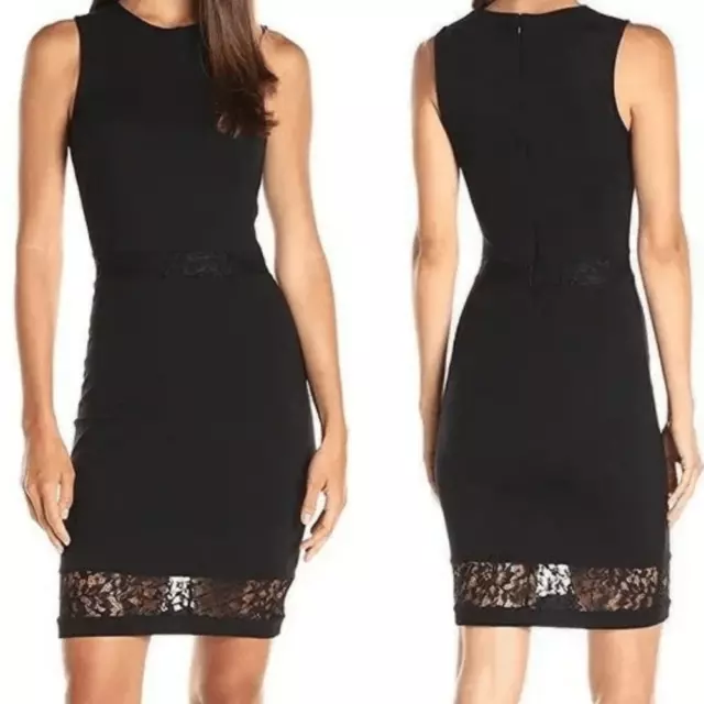 French Connection black stretch lace insert bodycon sheath dress LBD 2 XS