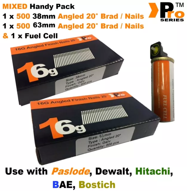 38mm + 63mm Mixed 16g ANGLED Nails, 2 x 500 pack + 1 x Fuel Cell for Paslode, B8