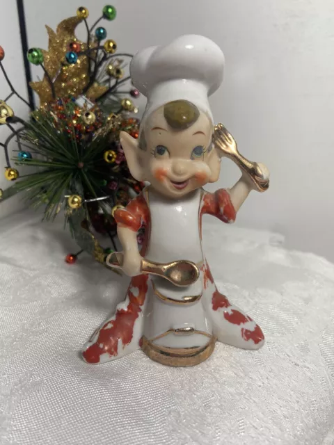 vtg Red Elf Pixie pointy ears Japan Ceramic Mid Century MCM Kitchen Chef pot 4"