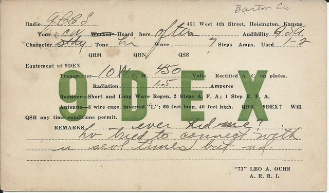 Vintage Ham Radio Qsl Cards 1924  9Dex  Hoisington, Ks.