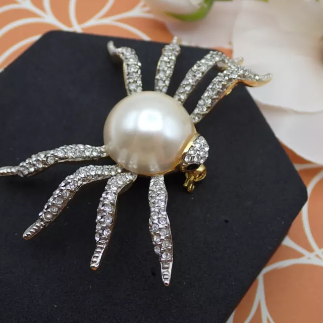 Vintage Simulated Pearl Pave Rhinestone Spider Gold Tone Pin Brooch