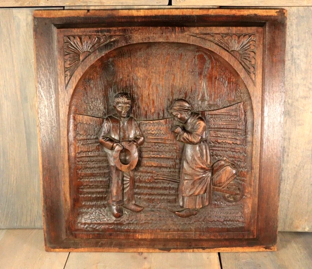 Antique French Breton Hand Carved Wood Panel Plaque Architectural Salvage 1800s 2