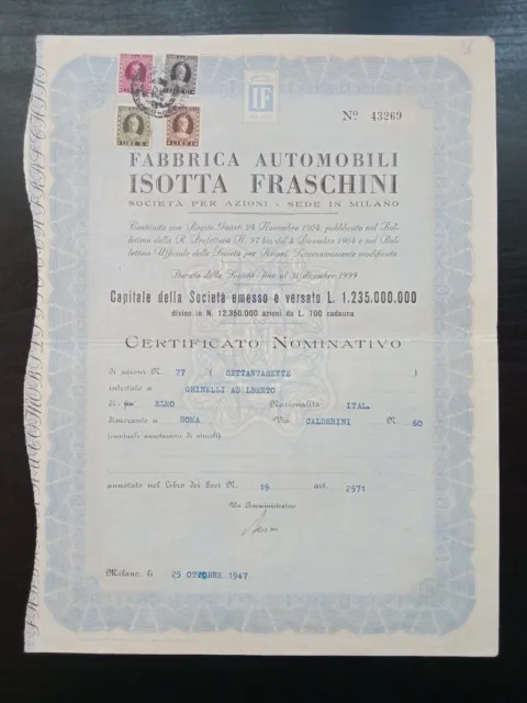 Automobili Isotta Franchini Milano 1947 Certificato Per 77 Azioni Da Lire 100