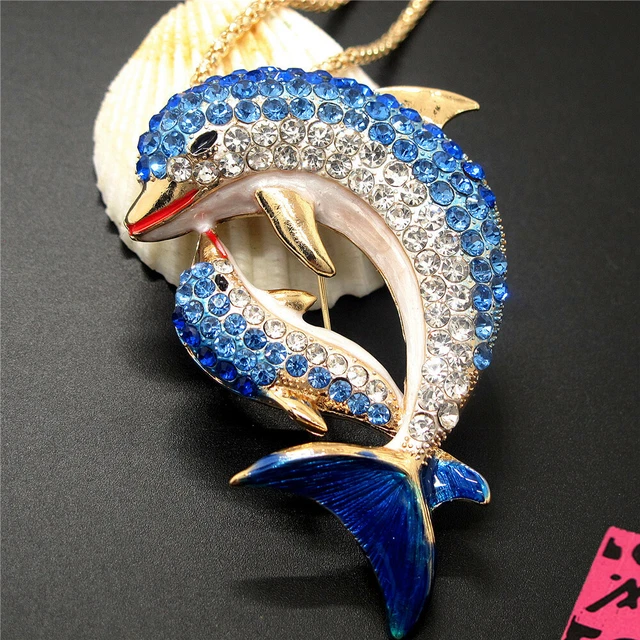 New Blue Rhinestone Bling Dolphin Mother Animal Betsey Johnson Chain Necklace