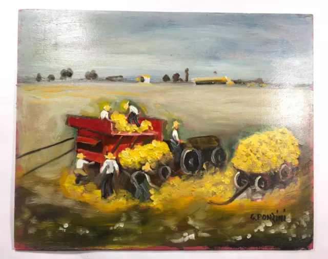 Oil Painting Tractor Hay Farming Countryside Scene Signed G Ponzini