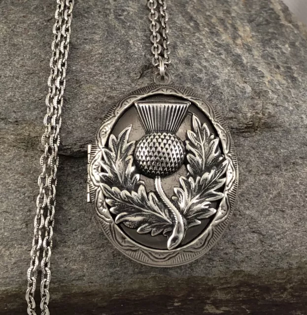 Thistle Locket Necklace, Antique Silver, Scottish Celtic Pill Stash Box Pendant