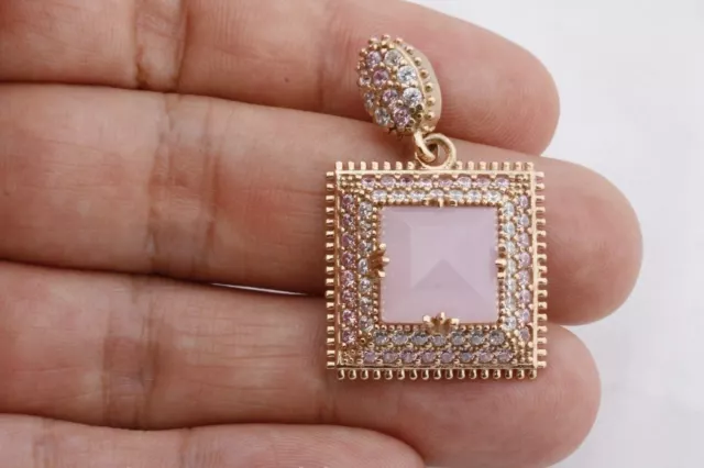 Turkish Jewelry Square Pink Rose Quartz Topaz 925 Sterling Silver Ladies Pendant