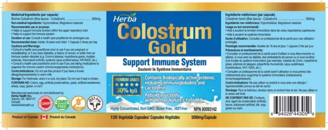 Herba Bovine Colostrum Supplements 500mg - 120 Capsules | 30% IgG 2