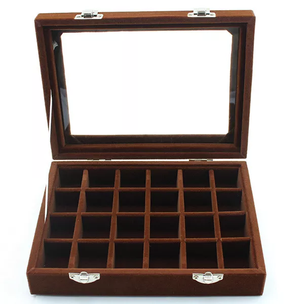 Velvet Glass Jewelry Earring Ring Display Organizer Box Tray Holder Storage Case