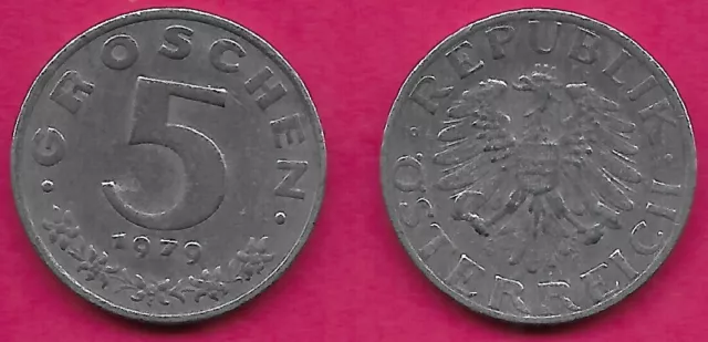 Austria 5 Groschen 1979 Vf Imperial Eagle With Austrian Shield On Breast,Ho