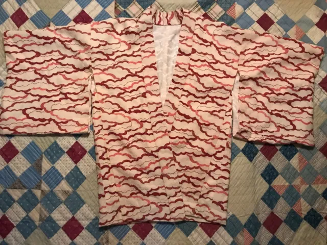 Vintage 1950s Japanese Haori Kimono Crepe Rayon Cloud All Over Print Robe Silk
