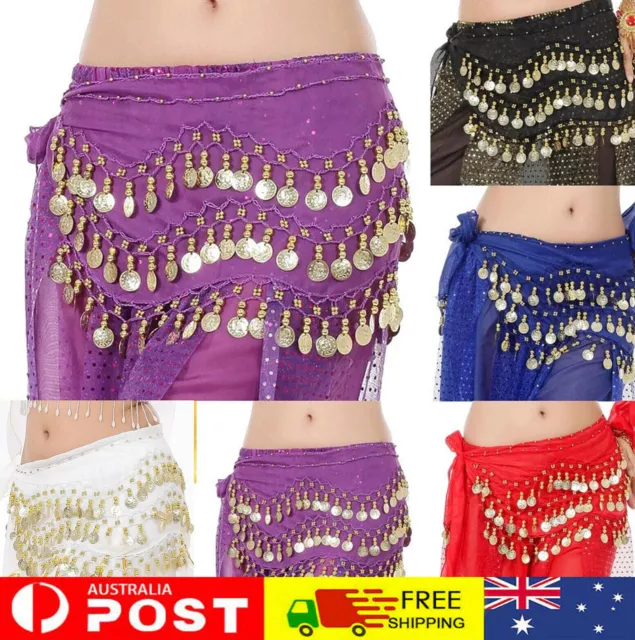 3 Rows Belly Dance Dancing Hip Scarf Belt Chain Skirt Golden Tone 98 Coin Beads