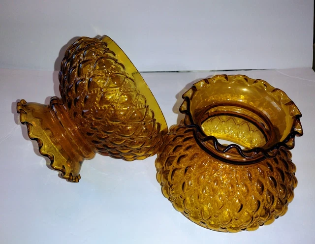 Pair Vintage Amber Glass Diamond Quilted oil lamp, Student Shade  7" fitter.