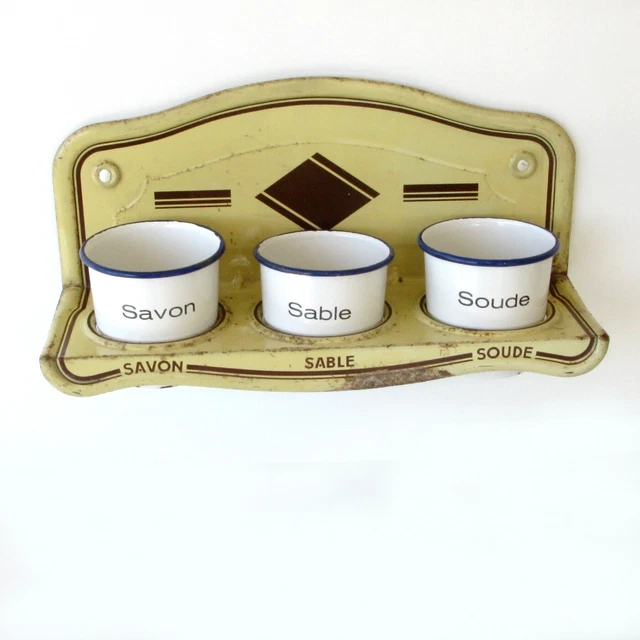 Ancien 3 pots en tôle émaillée de salle de bain SAVON SOUDE SABLE avec support
