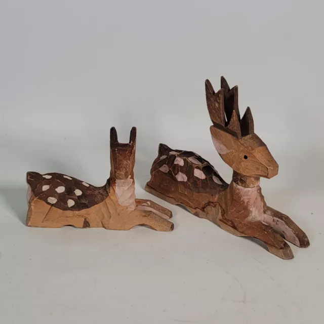 Amazing Pair Primitive Reindeer Figures Carved Wood Folk Art Christmas Decor