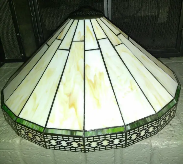 Vtg 19 1/2"  Spectrum Stained Glass Lamp Shade Mission Style Cream Green DAMAGED
