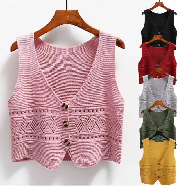 Cardigan Lavorato A Maglia Da Donna Crop Top Gilet Senza Maniche Bottone .