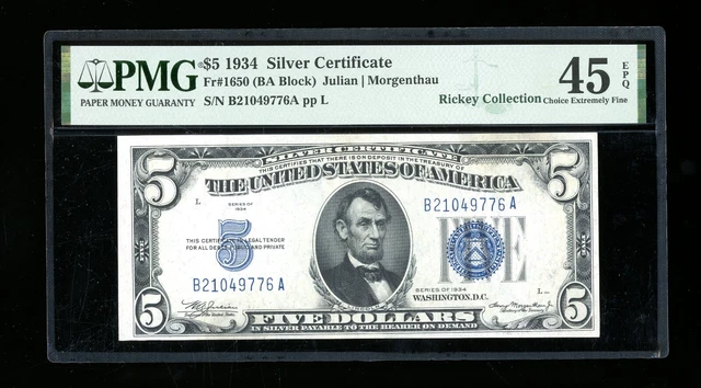 DBR 1934 $5 Silver Fr. 1650 BA Block PMG 45 EPQ Serial B21049776A