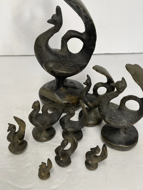 Rare Complete Set Antique Burmese Opium Bronze Weight Set Peacock Bird 9 Pc Vtg 12