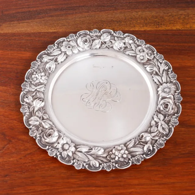 Stieff Sterling Silver Plate Or Magnum Coaster #223 Hand Chased Repousse Floral