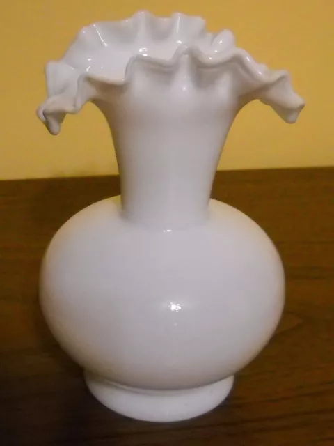 Vintage Antique Hand Blown White Milk Glass Ruffled Top Bud Vase  5 3/4'' Tall