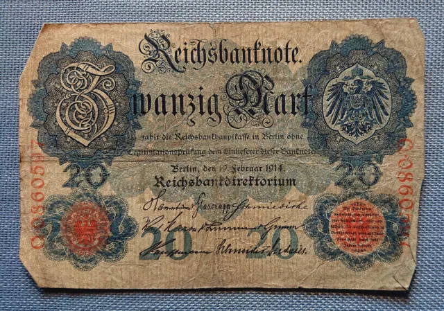 old German banknote Twenty Mark Berlin 19. February 1914 Reichsbank directorate