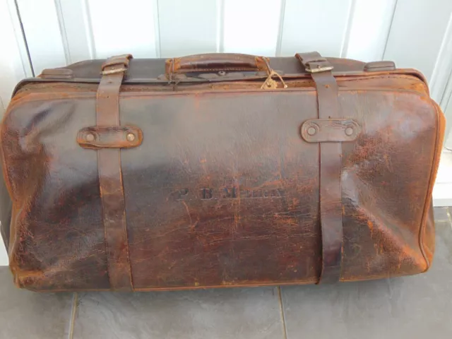 Antique 19th C Victorian Leather Portmanteau Luggage Gladstone Bag Decor Prop