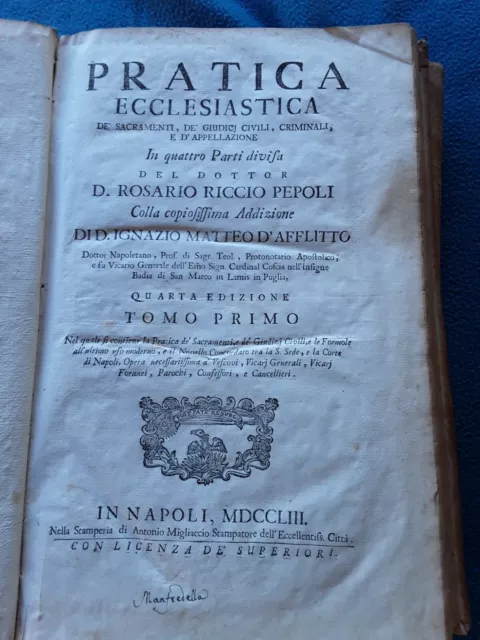Pratica Ecclesiastica De' Sacramenti, Criminali, Riccio. 1753 Napoli Legatura