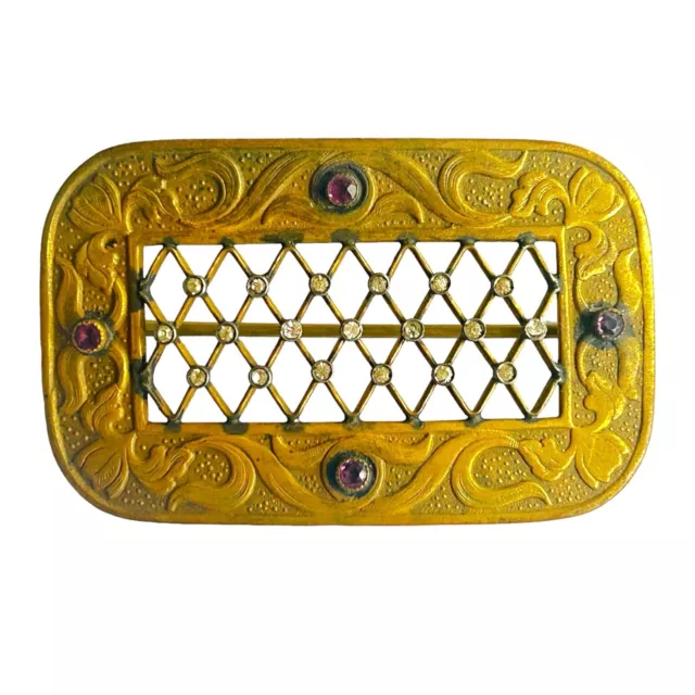 Antique Brass Victorian Nouveau Edwardian Sash Pin Amethyst Glass