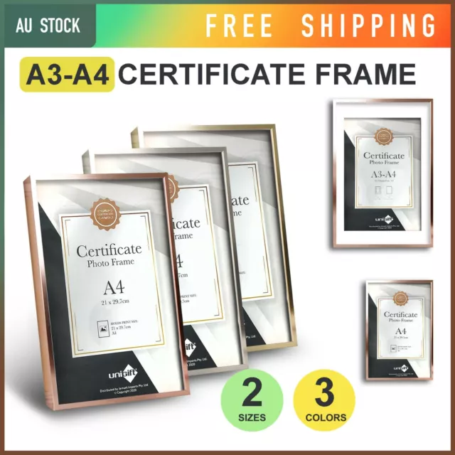 A3 / A4 Metallic Certificate Photo Frame Modern Picture Documents Display Frames