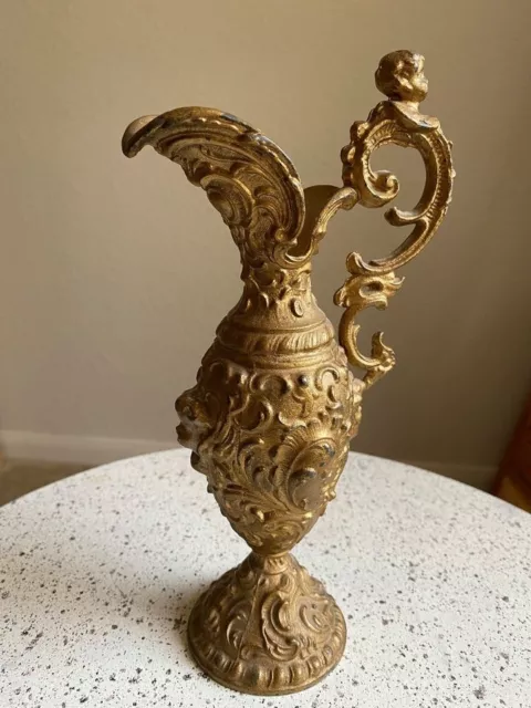 Antique Victorian Ornate Gold Metal Ewer Urn Vase Cherub Handle Pitcher Lamp 
