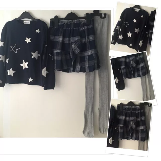 TU Girls Checked Skirt & H&M Star Jumper Exc U & New Tights 7-8 Years