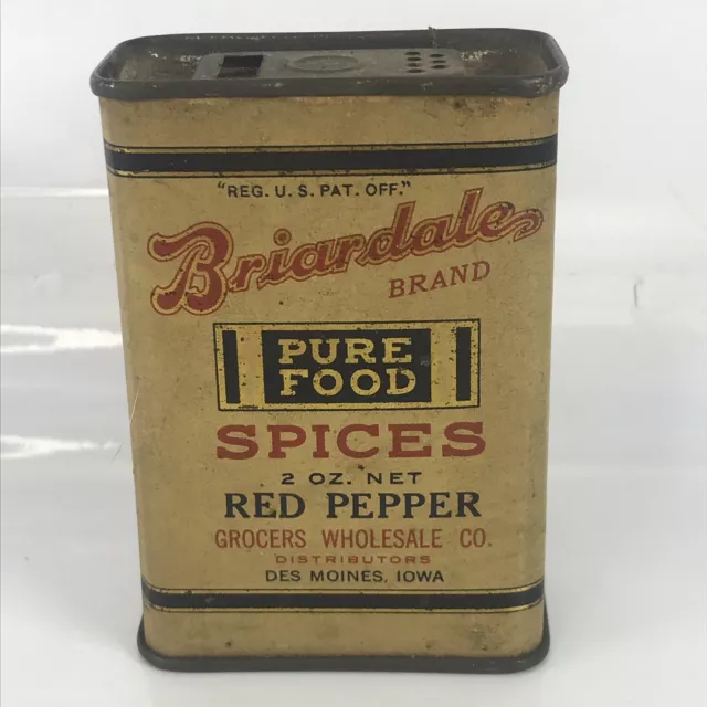 Red Pepper Briardale Pure Food Spices Tin Des Moines Iowa 2 oz Empty VTG Spice