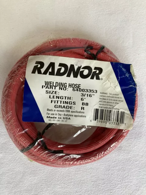 Radnor Welding Hose, 3/16” x 6’, BB Hose Fitting, Grade R, Synthetic Rubber